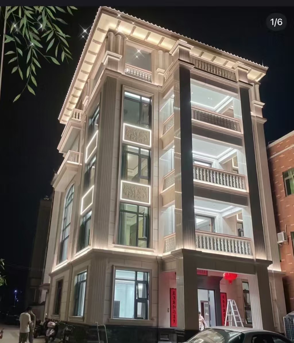 日喀则布 芝麻白花岗岩别墅外墙夜间效果